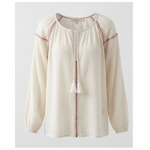 Mes Demoiselles Paris Swiss Dot Boho Blouse White Red Cotton Peasant Top US L